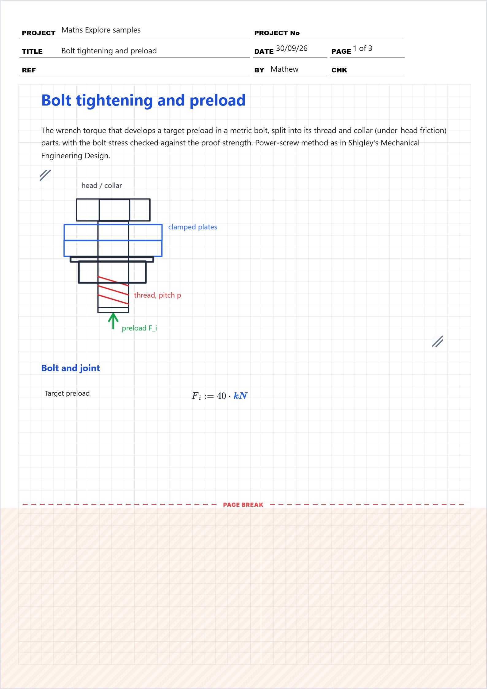 First page of the Bolt tightening and preload worked example in Maths Explore