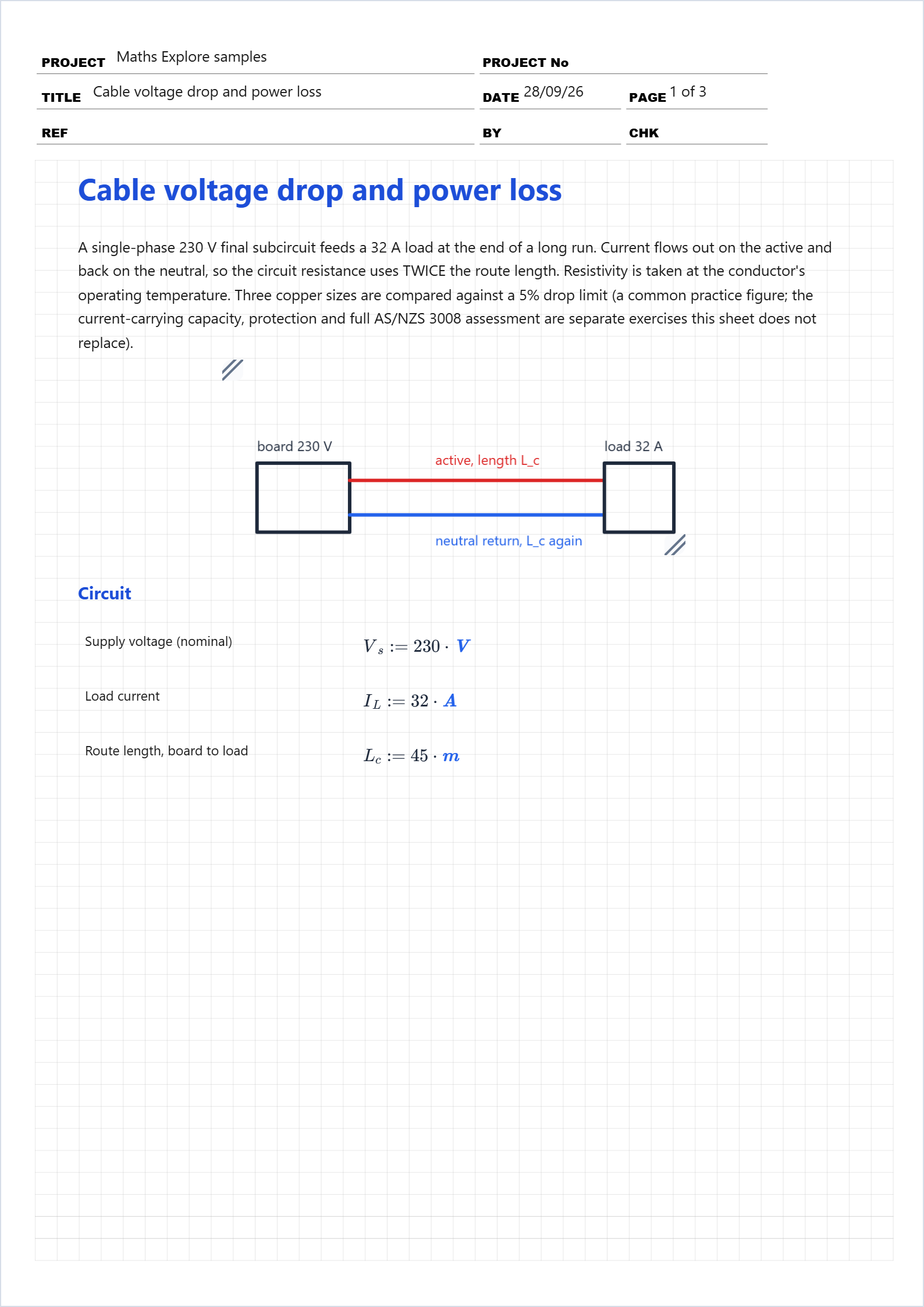 First page of the Cable voltage drop and power loss worked example in Maths Explore
