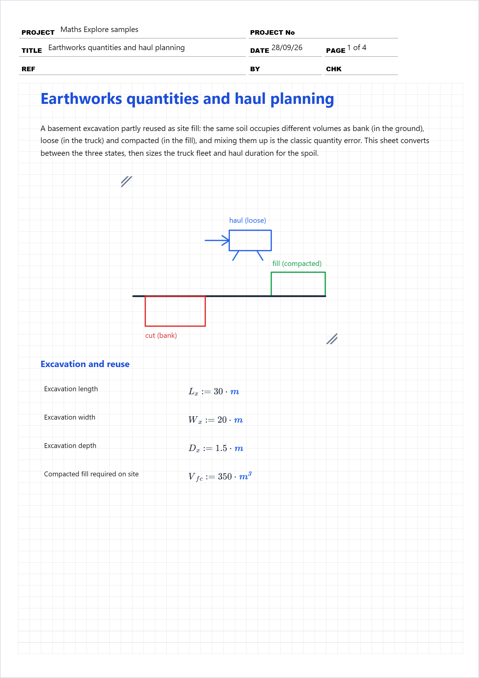 First page of the Earthworks quantities and haul planning worked example in Maths Explore