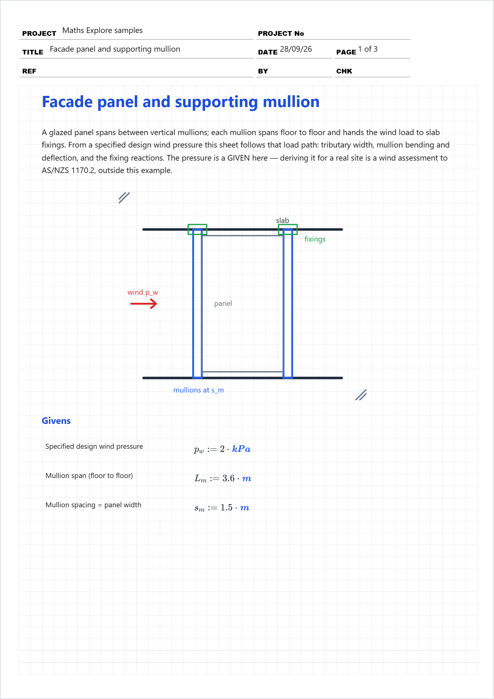 First page of the Facade panel and supporting mullion worked example in Maths Explore