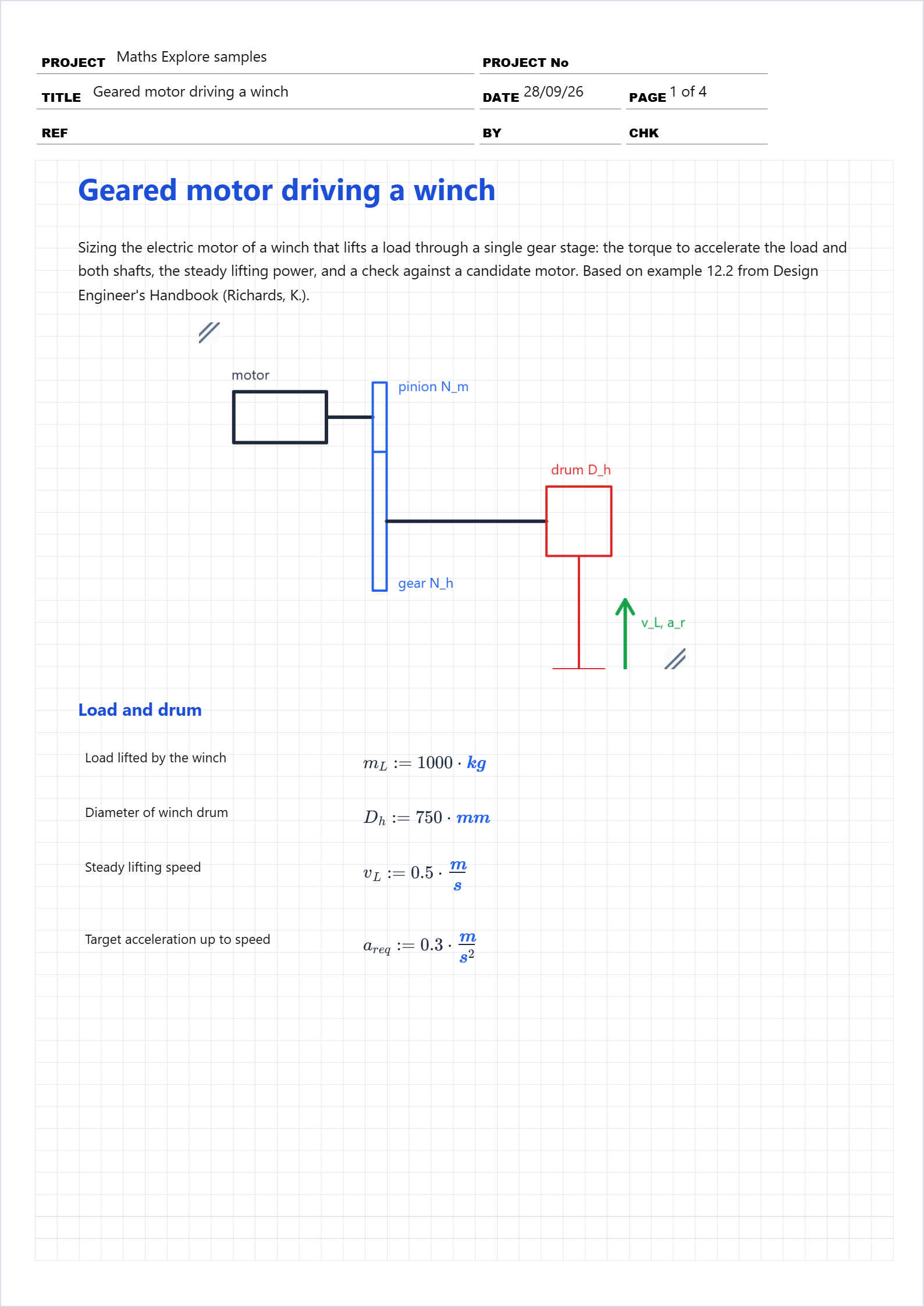 First page of the Geared motor driving a winch worked example in Maths Explore