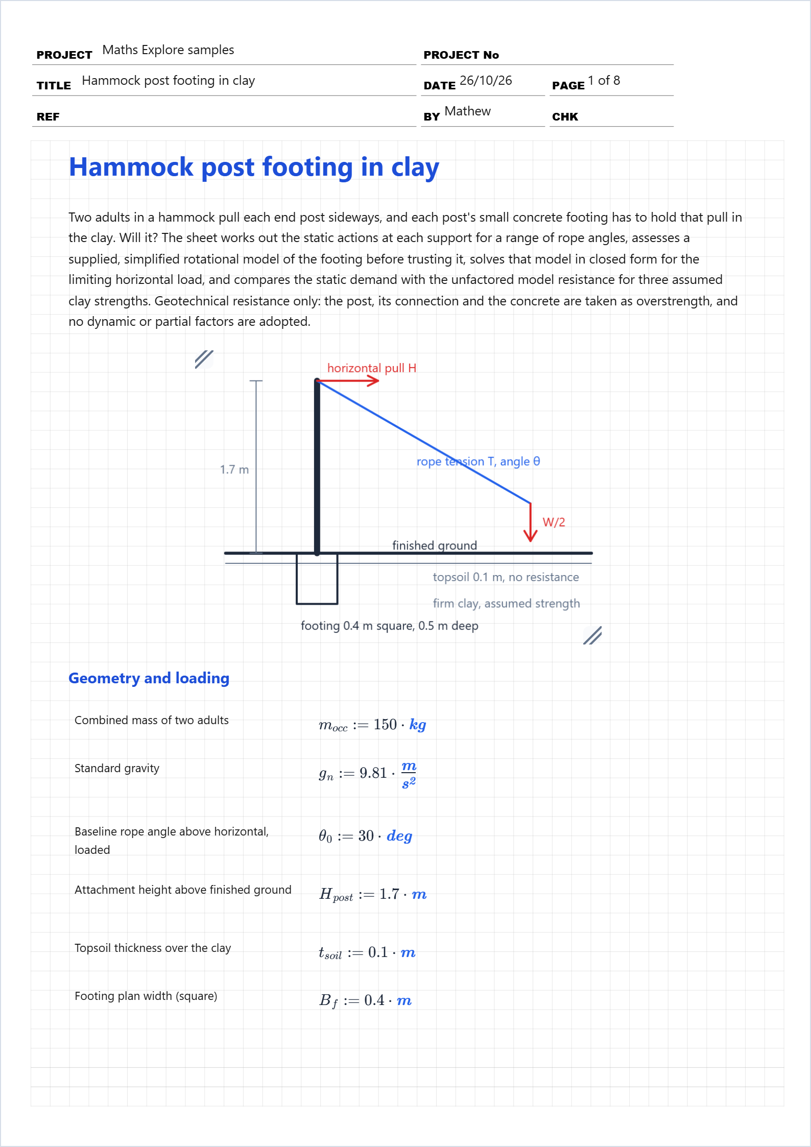 First page of the Hammock post footing in clay sample calcsheet in Maths Explore