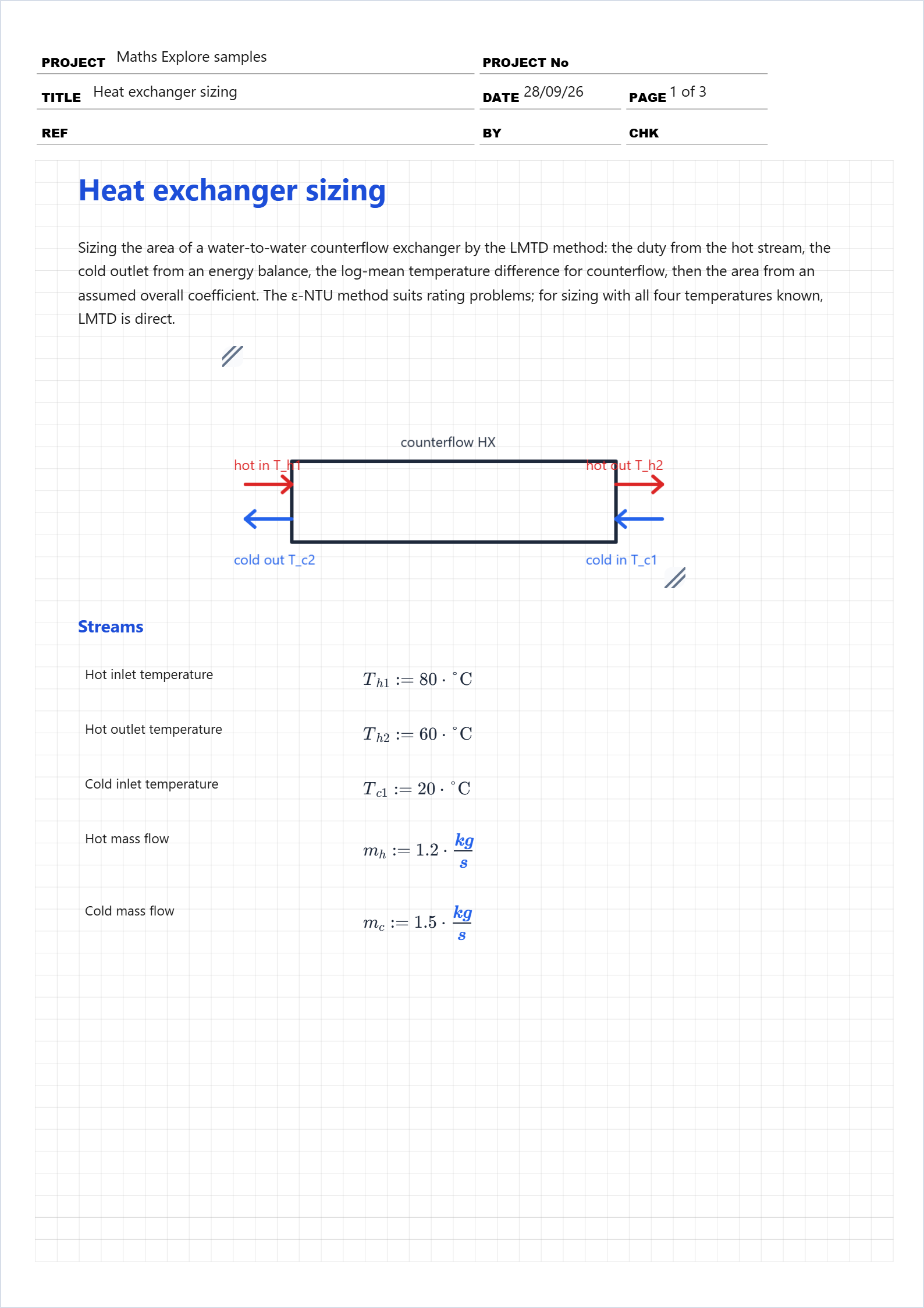 First page of the Heat exchanger sizing worked example in Maths Explore