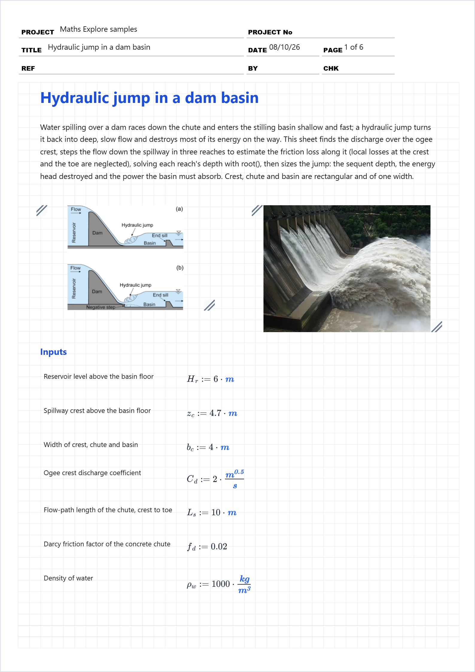 First page of the Hydraulic jump in a dam basin sample calcsheet in Maths Explore