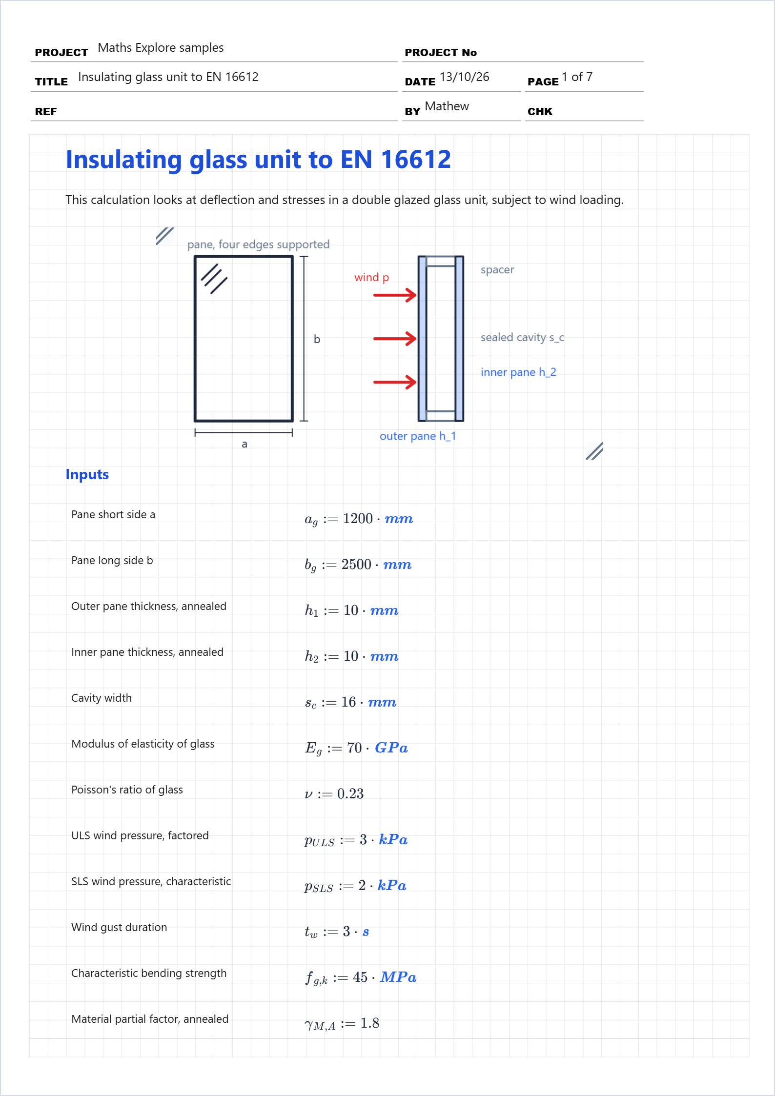 First page of the Insulating glass unit to EN 16612 sample calcsheet in Maths Explore