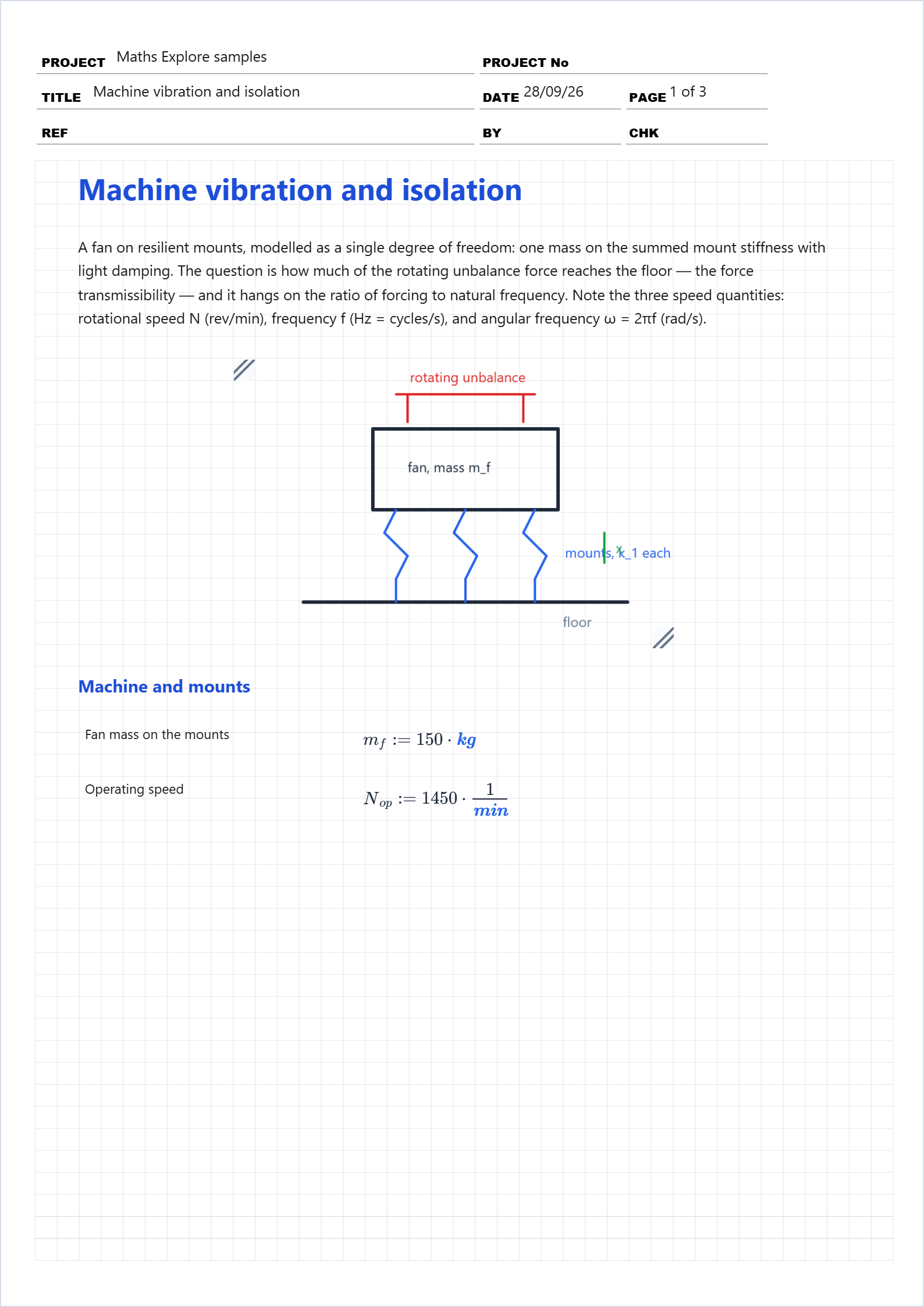 First page of the Machine vibration and isolation worked example in Maths Explore