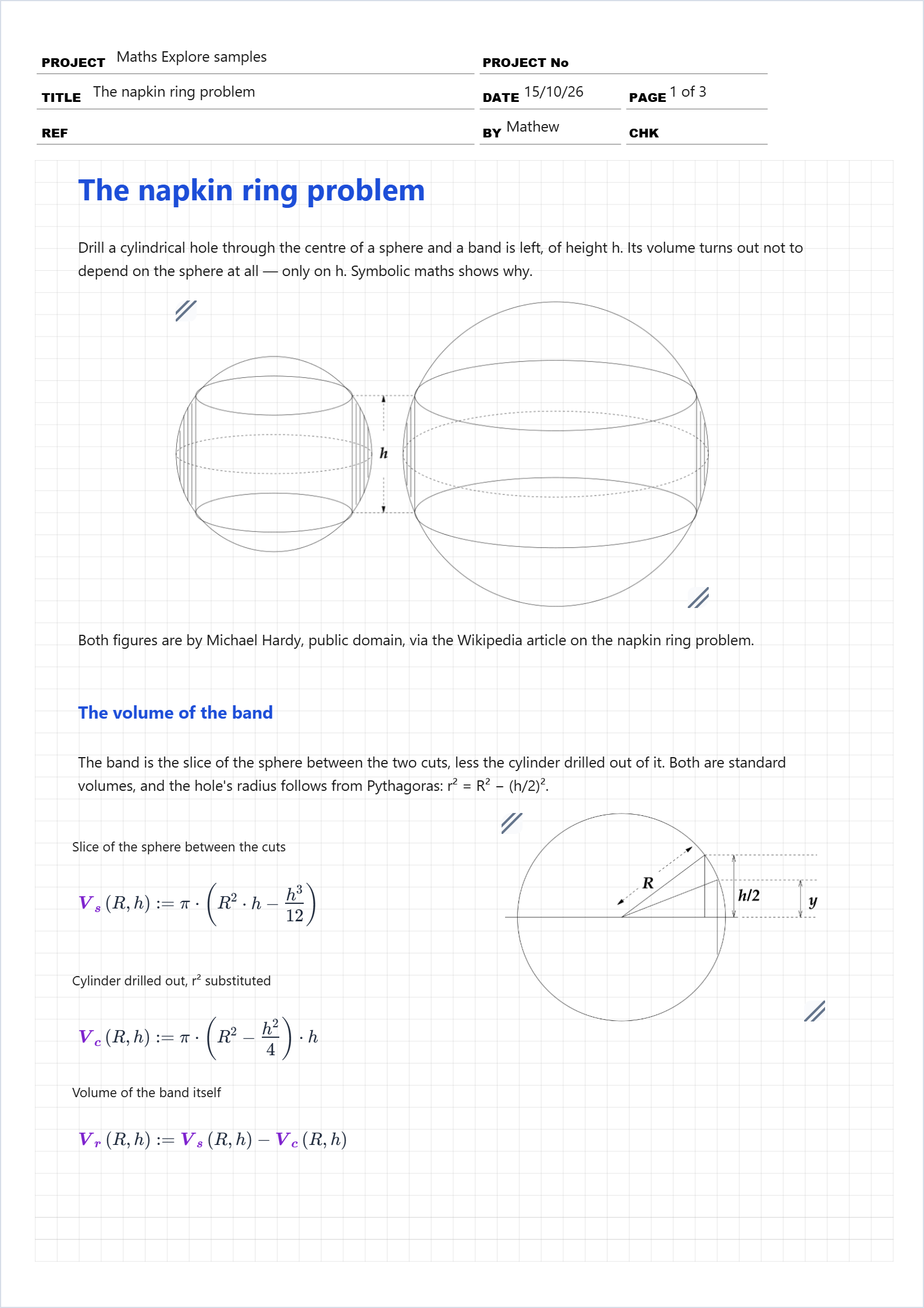First page of the The napkin ring problem sample calcsheet in Maths Explore