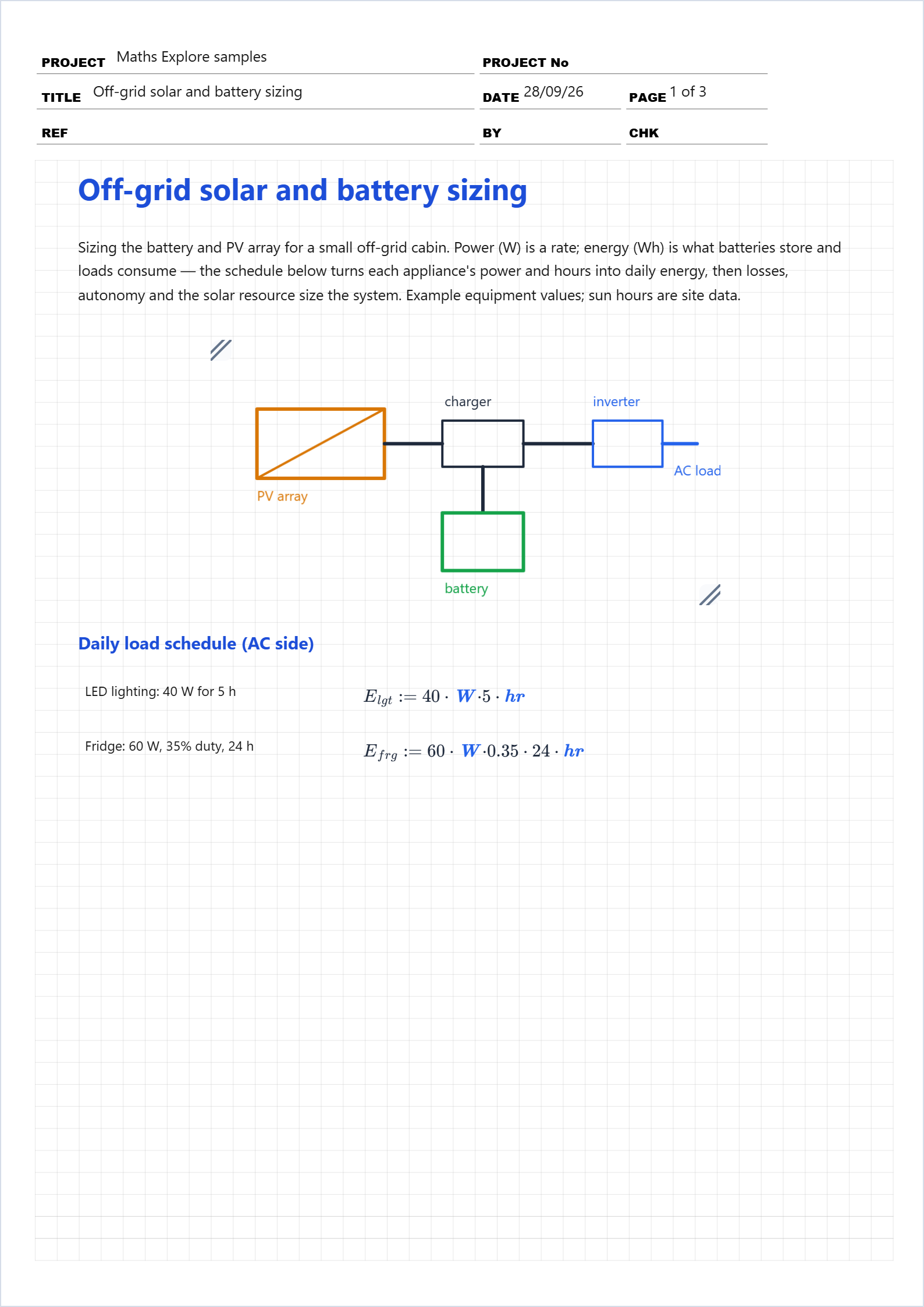 First page of the Off-grid solar and battery sizing worked example in Maths Explore