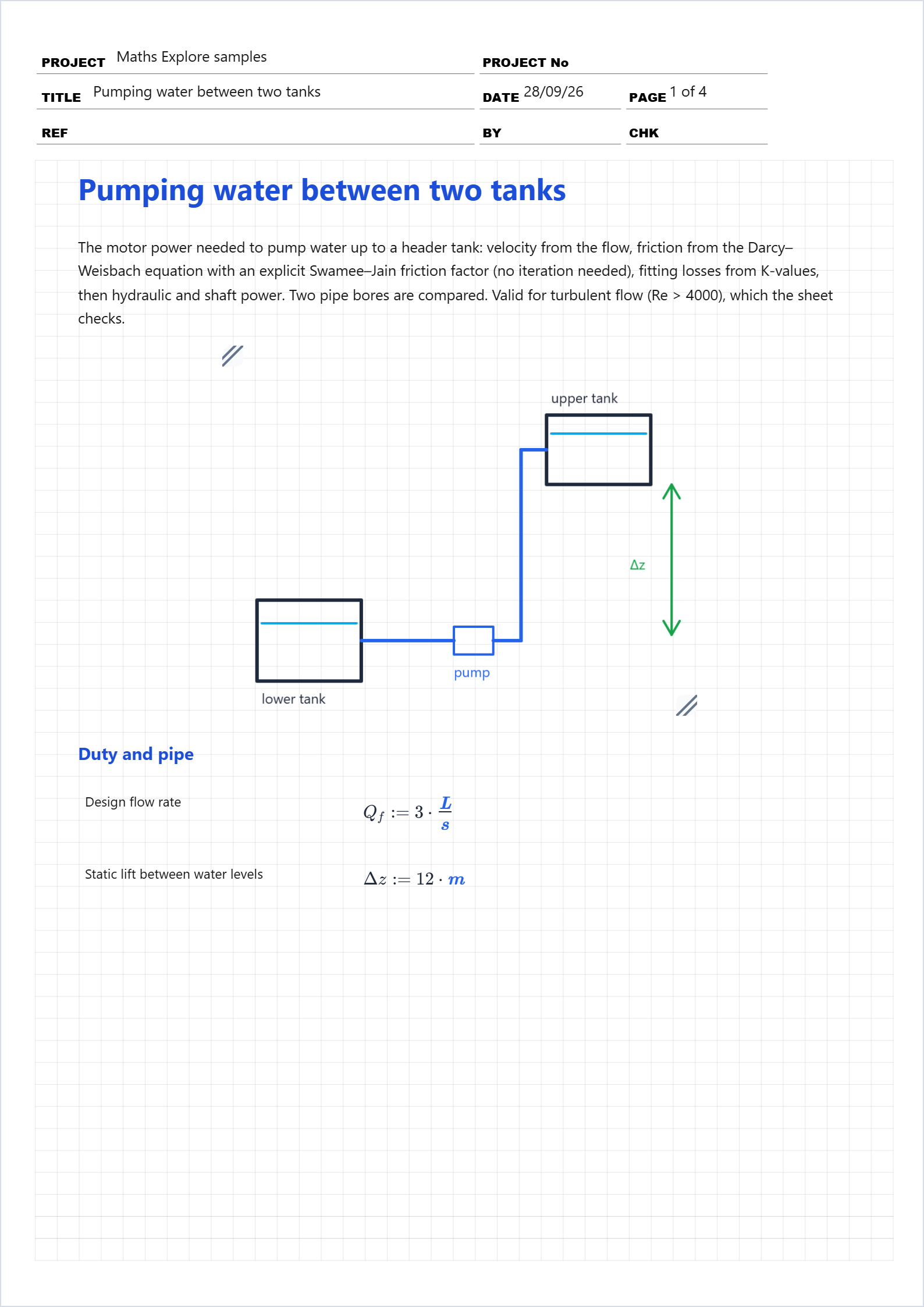 First page of the Pumping water between two tanks worked example in Maths Explore