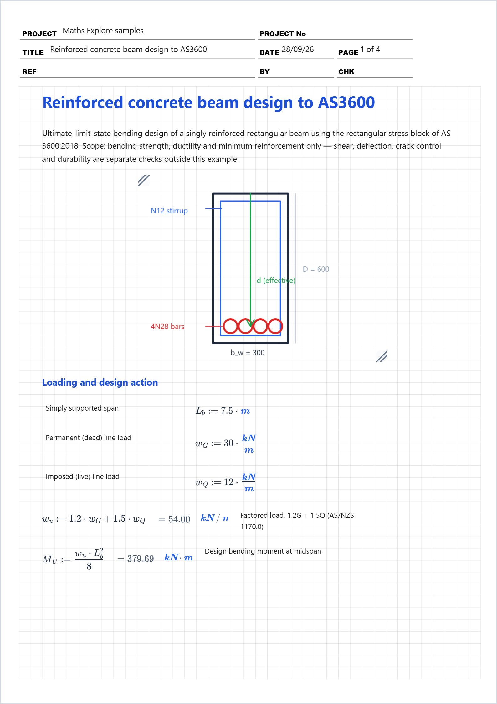 First page of the Reinforced concrete beam design to AS3600 worked example in Maths Explore