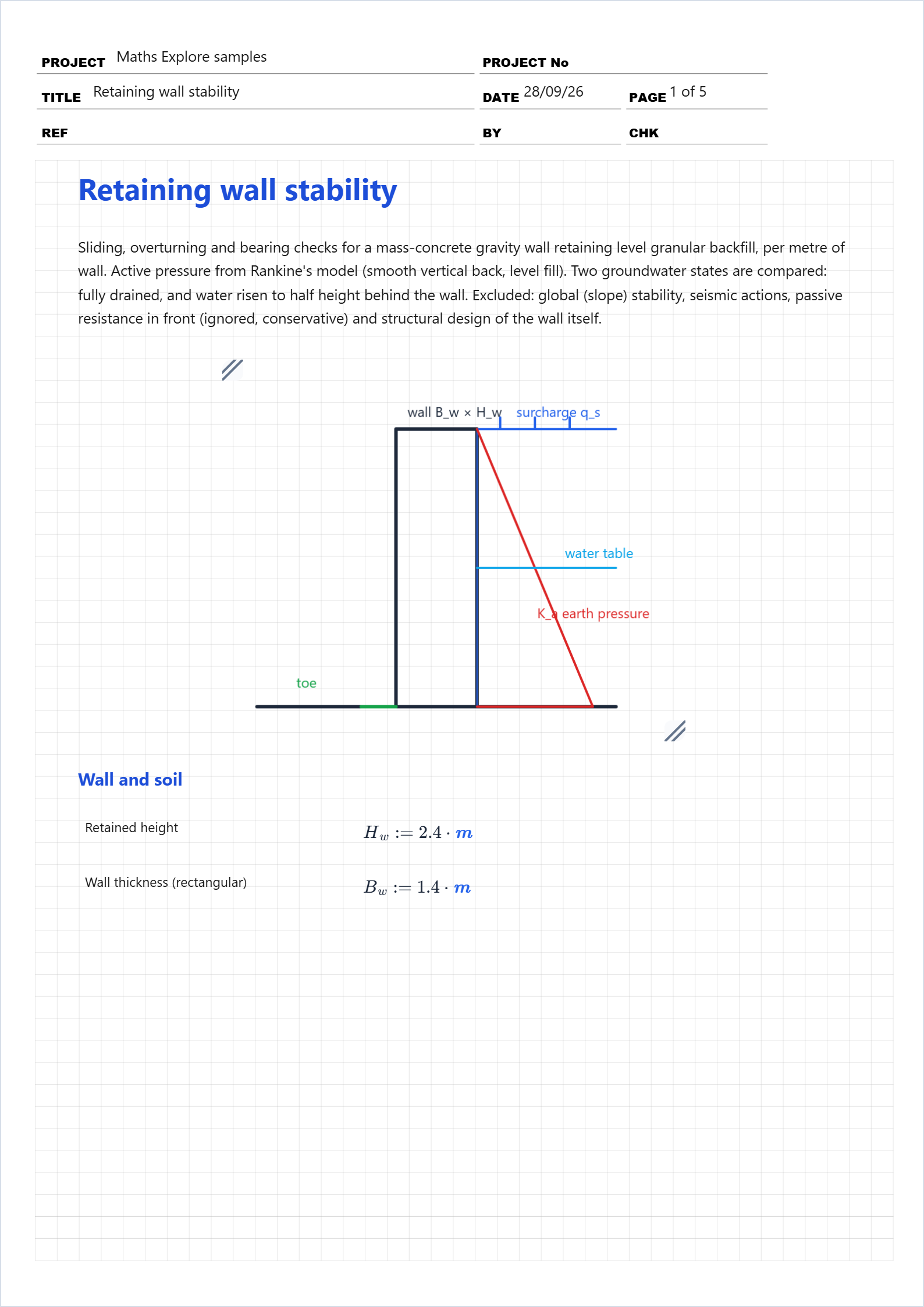 First page of the Retaining wall stability worked example in Maths Explore