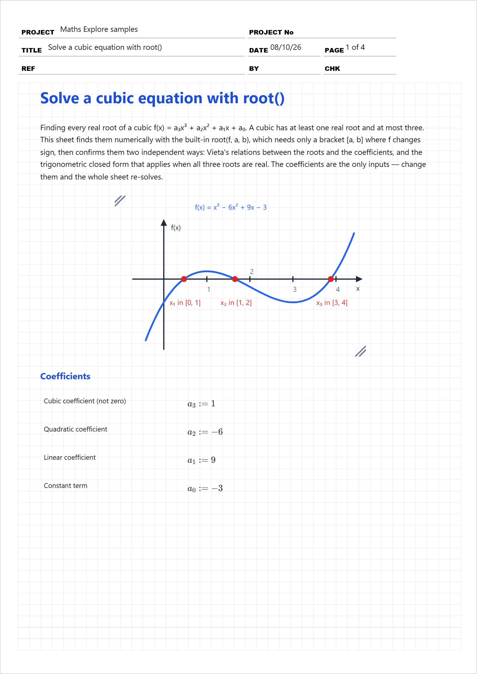 First page of the Solve a cubic equation with root() sample calcsheet in Maths Explore