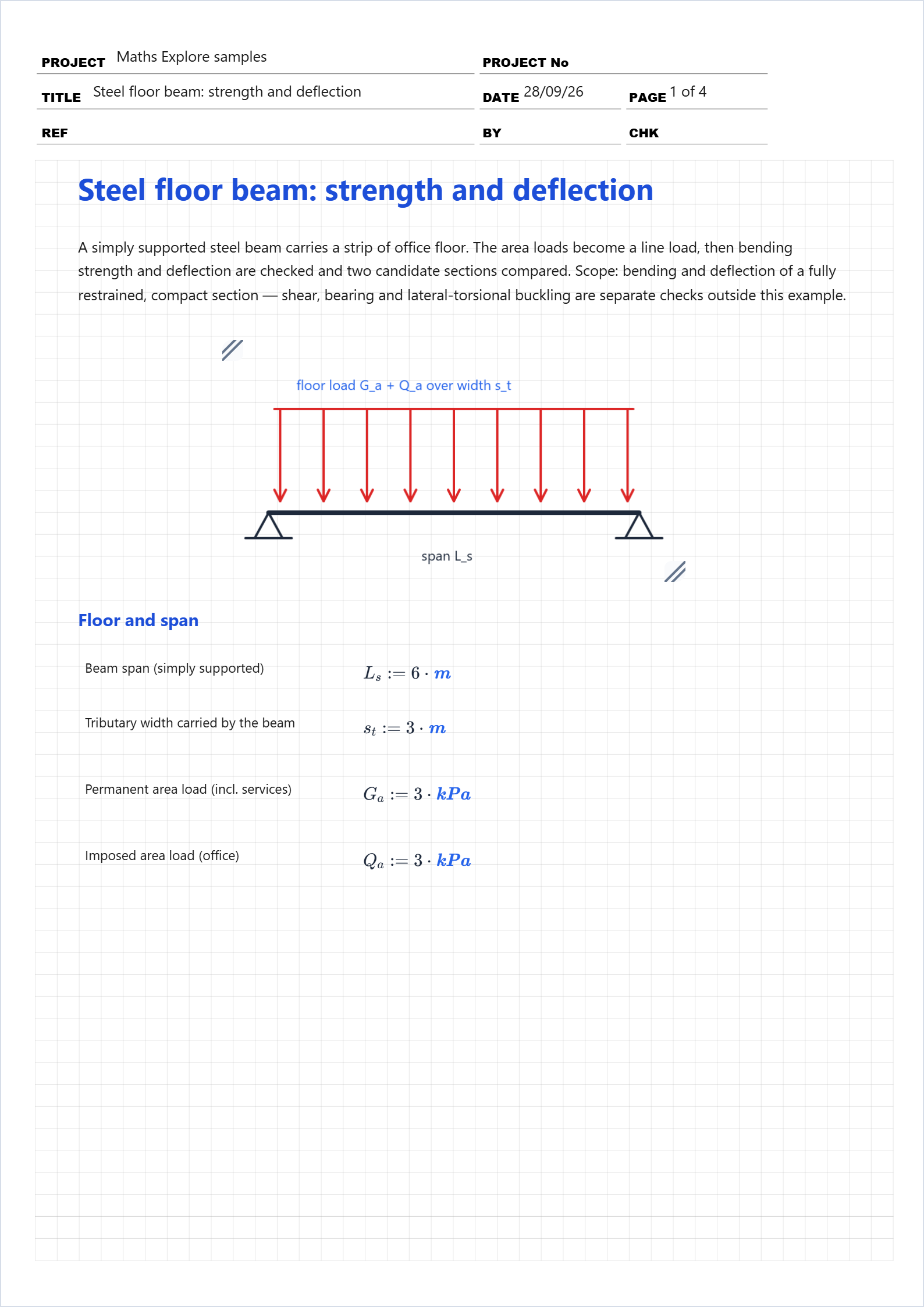 First page of the Steel floor beam: strength and deflection worked example in Maths Explore