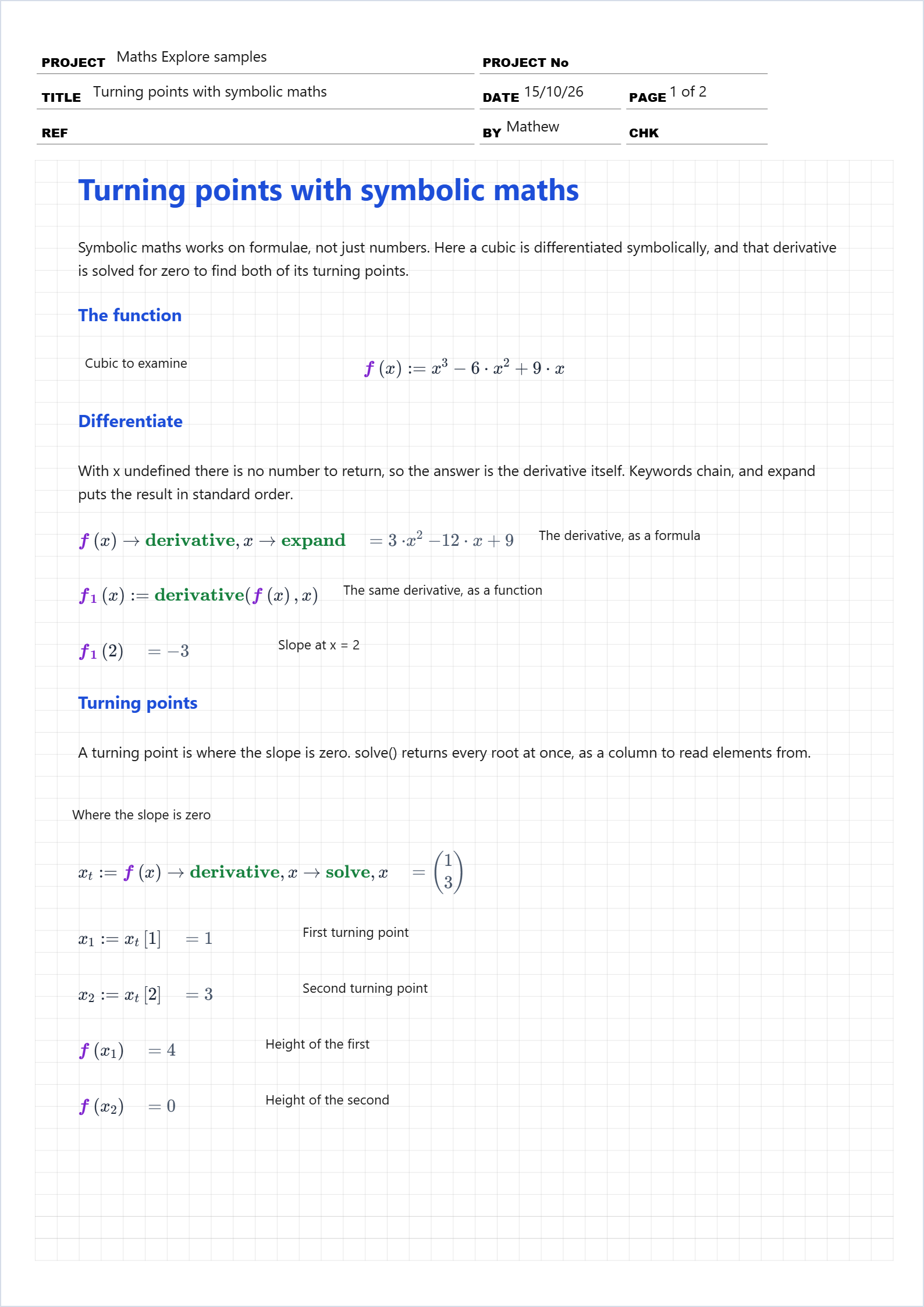 First page of the Turning points with symbolic maths sample calcsheet in Maths Explore