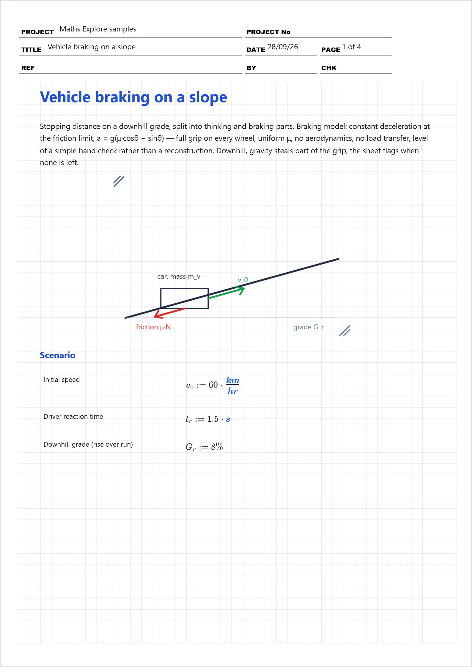 First page of the Vehicle braking on a slope worked example in Maths Explore